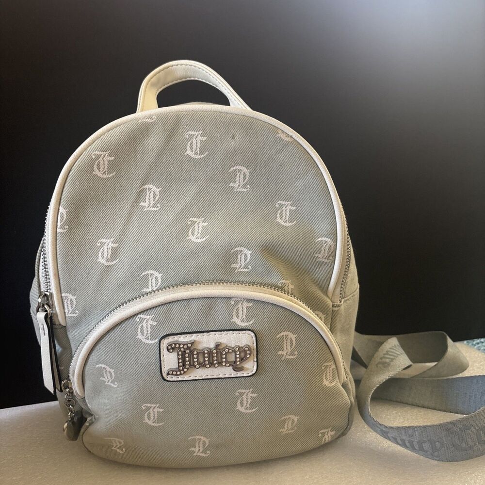 Juicy Couture Logo Denim Mini Backpack Heart Charm Rhinestone Blue Monogram Y2K